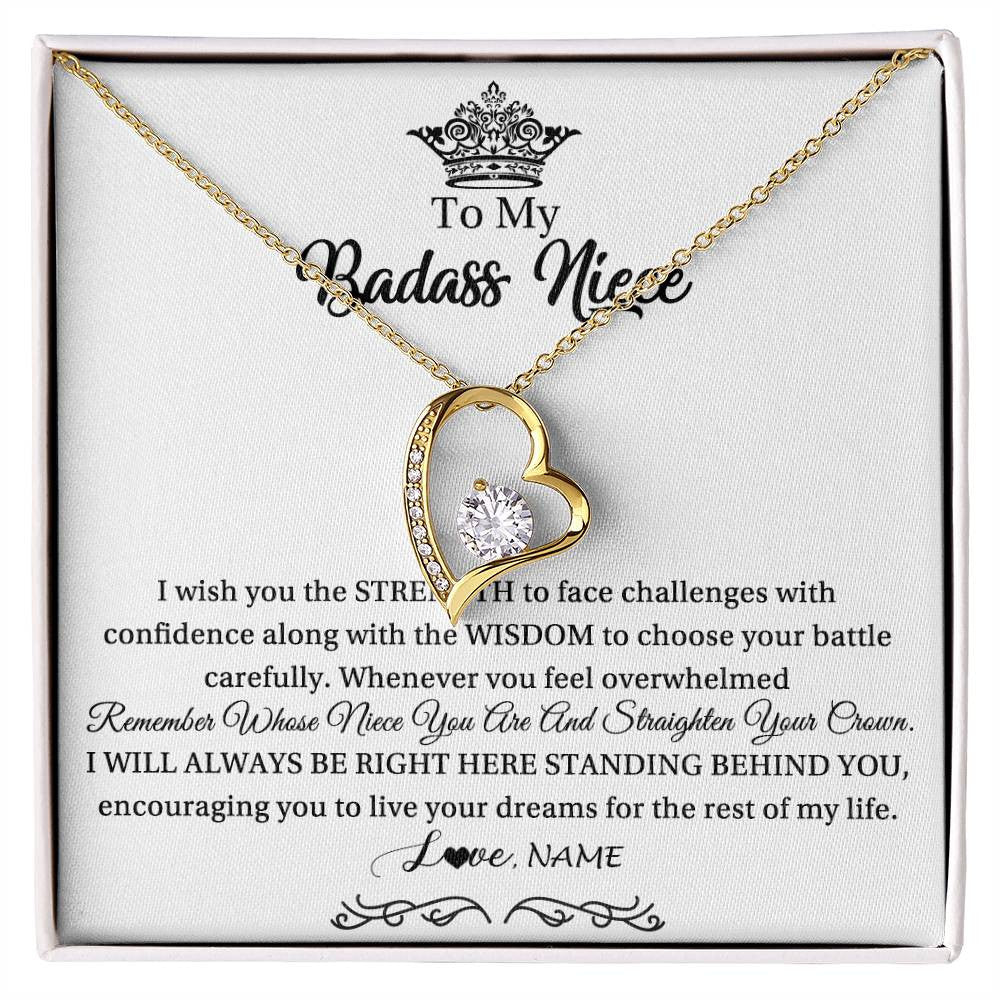 Forever Love Necklace 18K Yellow Gold Finish | Personalized To My Niece Necklace From Aunt Uncle Straighten Your Crown Niece Pendant Jewelry Birthday Graduation Christmas Customized Gift Box Message Card | teecentury