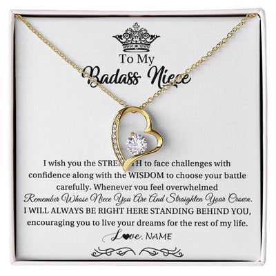 Forever Love Necklace 18K Yellow Gold Finish | Personalized To My Niece Necklace From Aunt Uncle Straighten Your Crown Niece Pendant Jewelry Birthday Graduation Christmas Customized Gift Box Message Card | teecentury