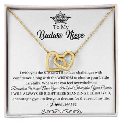 Interlocking Hearts Necklace 18K Yellow Gold Finish | Personalized To My Niece Necklace From Aunt Uncle Straighten Your Crown Niece Pendant Jewelry Birthday Graduation Christmas Customized Gift Box Message Card | teecentury