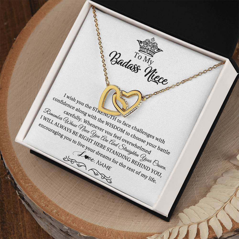 Interlocking Hearts Necklace 18K Yellow Gold Finish | Personalized To My Niece Necklace From Aunt Uncle Straighten Your Crown Niece Pendant Jewelry Birthday Graduation Christmas Customized Gift Box Message Card | teecentury