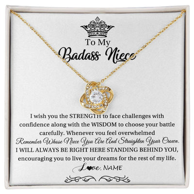 Love Knot Necklace 18K Yellow Gold Finish | Personalized To My Niece Necklace From Aunt Uncle Straighten Your Crown Niece Pendant Jewelry Birthday Graduation Christmas Customized Gift Box Message Card | teecentury