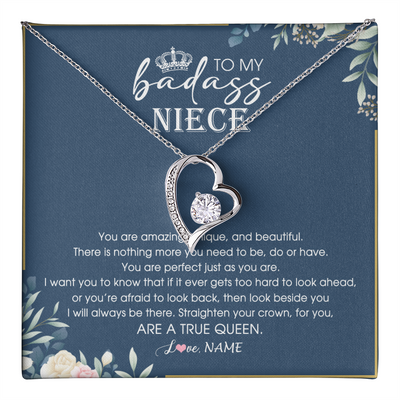 Forever Love Necklace 14K White Gold Finish | 1 | Personalized To My Niece Necklace From Aunt Uncle Straighten Your Crown Niece Queen Jewelry Birthday Graduation Christmas Customized Gift Box Message Card | teecentury
