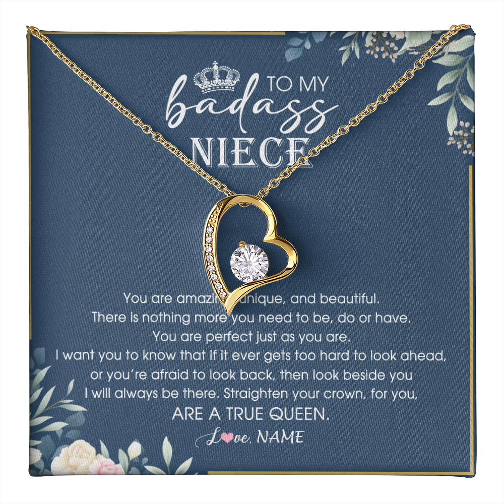 Forever Love Necklace 18K Yellow Gold Finish | 1 | Personalized To My Niece Necklace From Aunt Uncle Straighten Your Crown Niece Queen Jewelry Birthday Graduation Christmas Customized Gift Box Message Card | teecentury