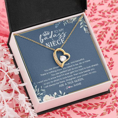 Forever Love Necklace 18K Yellow Gold Finish | Personalized To My Niece Necklace From Aunt Uncle Straighten Your Crown Niece Queen Jewelry Birthday Graduation Christmas Customized Gift Box Message Card | teecentury