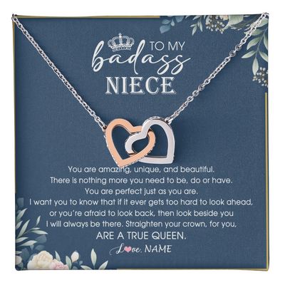 Interlocking Hearts Necklace Stainless Steel & Rose Gold Finish | 1 | Personalized To My Niece Necklace From Aunt Uncle Straighten Your Crown Niece Queen Jewelry Birthday Graduation Christmas Customized Gift Box Message Card | teecentury