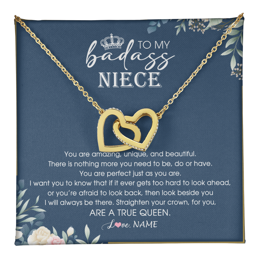 Interlocking Hearts Necklace 18K Yellow Gold Finish | 1 | Personalized To My Niece Necklace From Aunt Uncle Straighten Your Crown Niece Queen Jewelry Birthday Graduation Christmas Customized Gift Box Message Card | teecentury