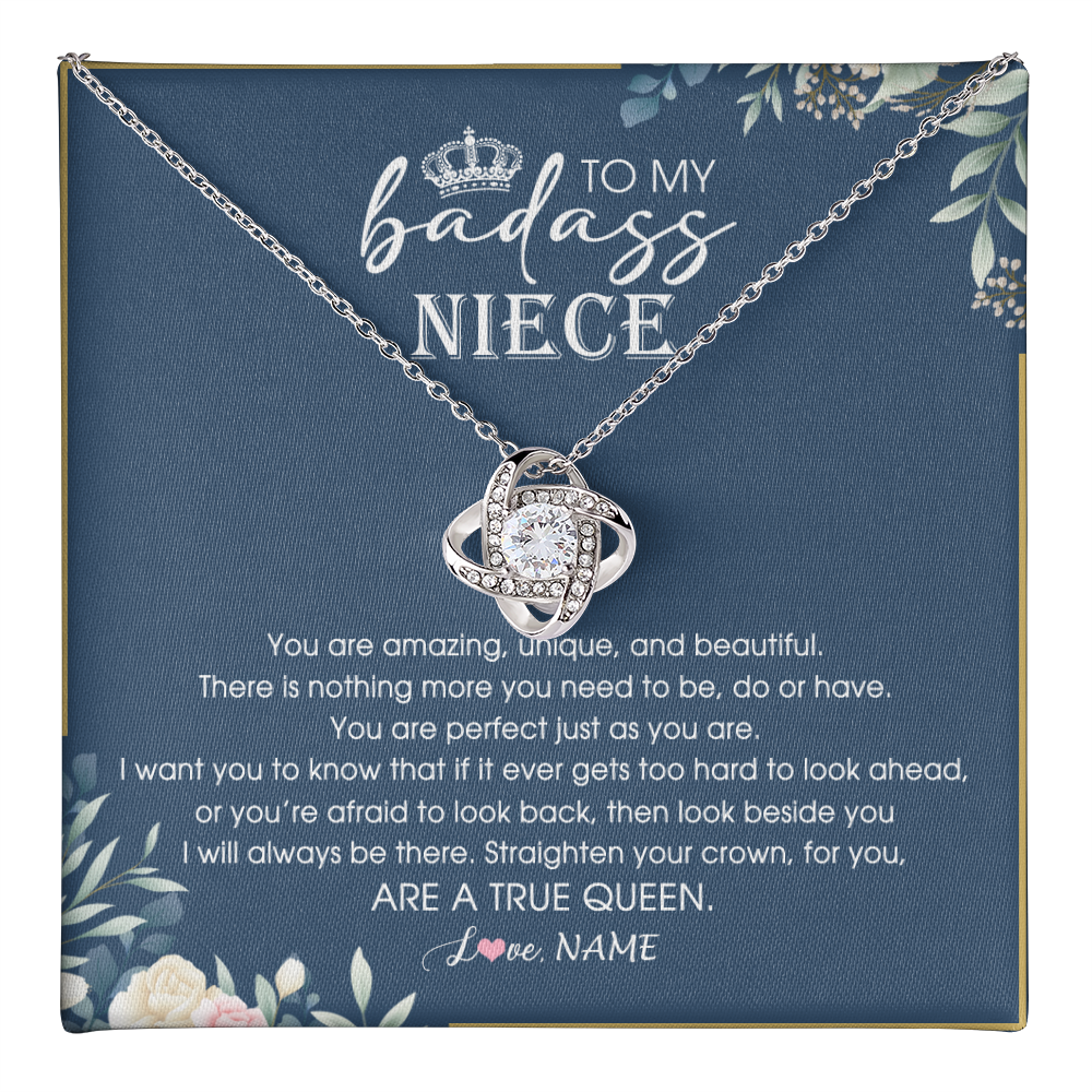 Love Knot Necklace 14K White Gold Finish | 1 | Personalized To My Niece Necklace From Aunt Uncle Straighten Your Crown Niece Queen Jewelry Birthday Graduation Christmas Customized Gift Box Message Card | teecentury