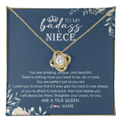 Love Knot Necklace 18K Yellow Gold Finish | 1 | Personalized To My Niece Necklace From Aunt Uncle Straighten Your Crown Niece Queen Jewelry Birthday Graduation Christmas Customized Gift Box Message Card | teecentury