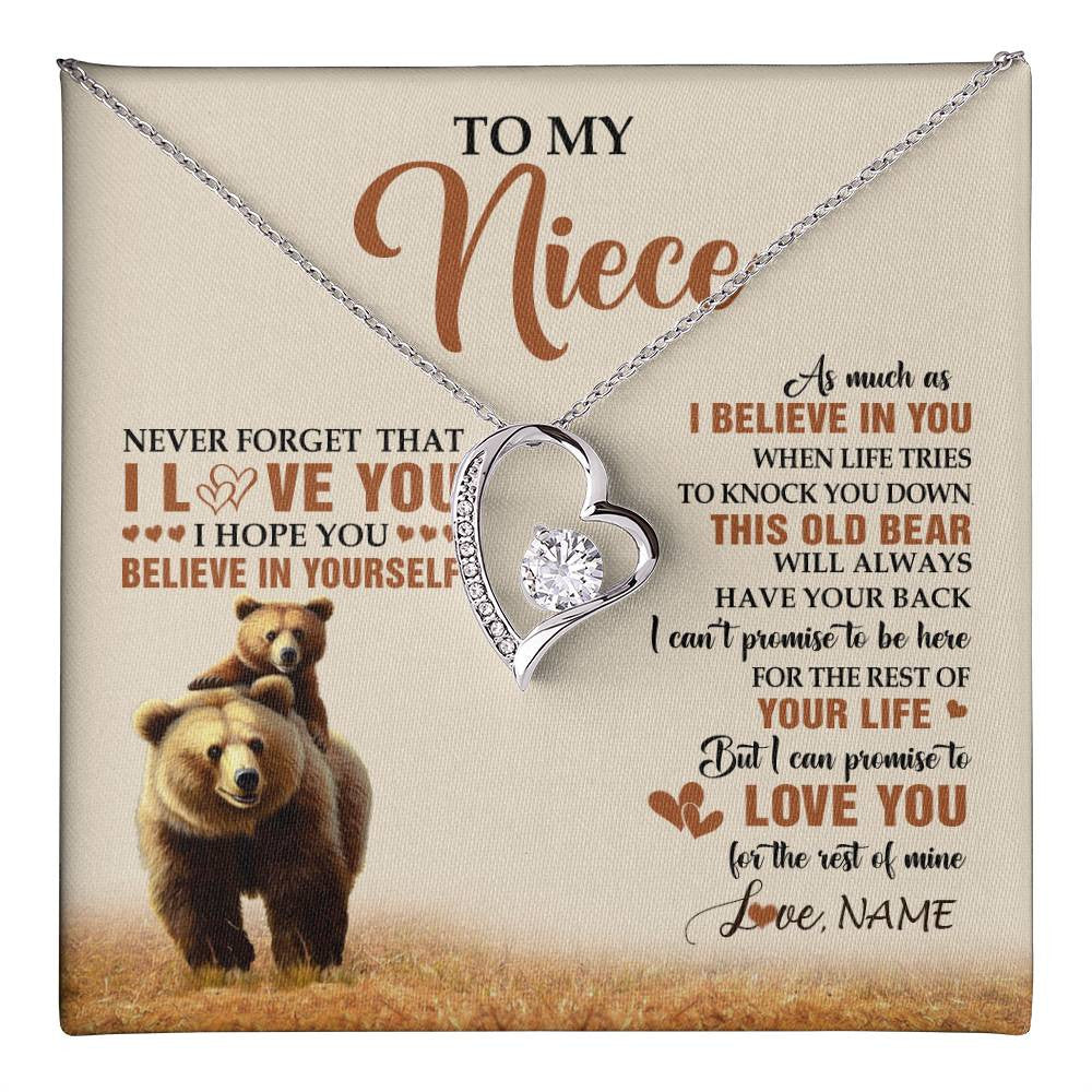 Forever Love Necklace 14K White Gold Finish | 1 | Personalized To My Niece Necklace From Aunt Uncle This Old Bear Love You Niece Birthday Gifts Jewelry Graduation Christmas Customized Gift Box Message Card | teecentury