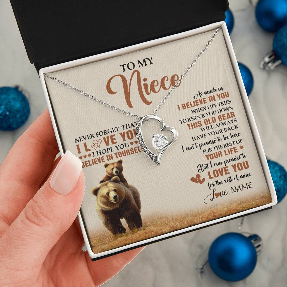 Forever Love Necklace 14K White Gold Finish | 2 | Personalized To My Niece Necklace From Aunt Uncle This Old Bear Love You Niece Birthday Gifts Jewelry Graduation Christmas Customized Gift Box Message Card | teecentury