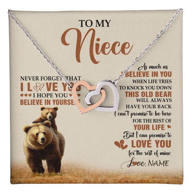 Interlocking Hearts Necklace Stainless Steel & Rose Gold Finish | 1 | Personalized To My Niece Necklace From Aunt Uncle This Old Bear Love You Niece Birthday Gifts Jewelry Graduation Christmas Customized Gift Box Message Card | teecentury