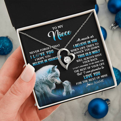 Forever Love Necklace 14K White Gold Finish | 2 | Personalized To My Niece Necklace From Aunt Uncle This Old Wolf Love Niece Birthday Gifts Jewelry Graduation Christmas Customized Gift Box Message Card | teecentury