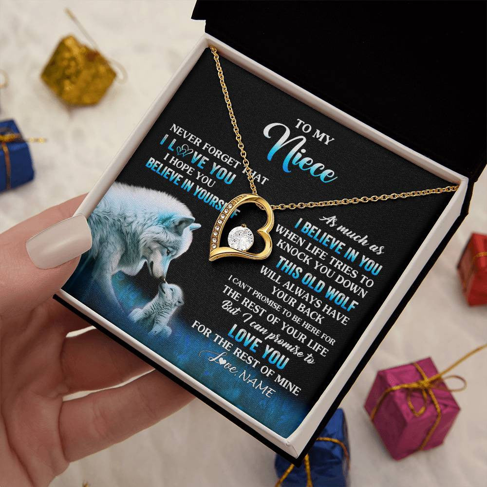 Forever Love Necklace 18K Yellow Gold Finish | 2 | Personalized To My Niece Necklace From Aunt Uncle This Old Wolf Love Niece Birthday Gifts Jewelry Graduation Christmas Customized Gift Box Message Card | teecentury