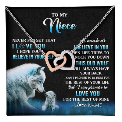 Interlocking Hearts Necklace Stainless Steel & Rose Gold Finish | 1 | Personalized To My Niece Necklace From Aunt Uncle This Old Wolf Love Niece Birthday Gifts Jewelry Graduation Christmas Customized Gift Box Message Card | teecentury