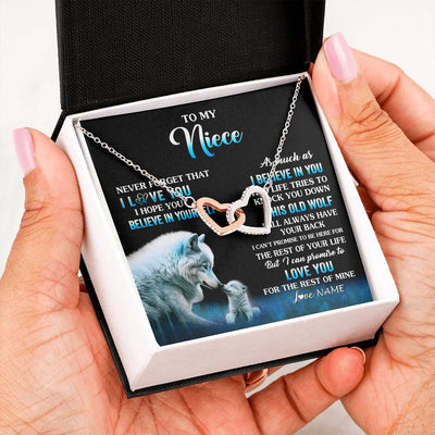 Interlocking Hearts Necklace Stainless Steel & Rose Gold Finish | 2 | Personalized To My Niece Necklace From Aunt Uncle This Old Wolf Love Niece Birthday Gifts Jewelry Graduation Christmas Customized Gift Box Message Card | teecentury
