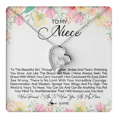 Forever Love Necklace 14K White Gold Finish | 1 | Personalized To My Niece Necklace From Aunt Uncle To This Beautiful Niece Pendant Jewelry Birthday Graduation Christmas Customized Gift Box Message Card | teecentury