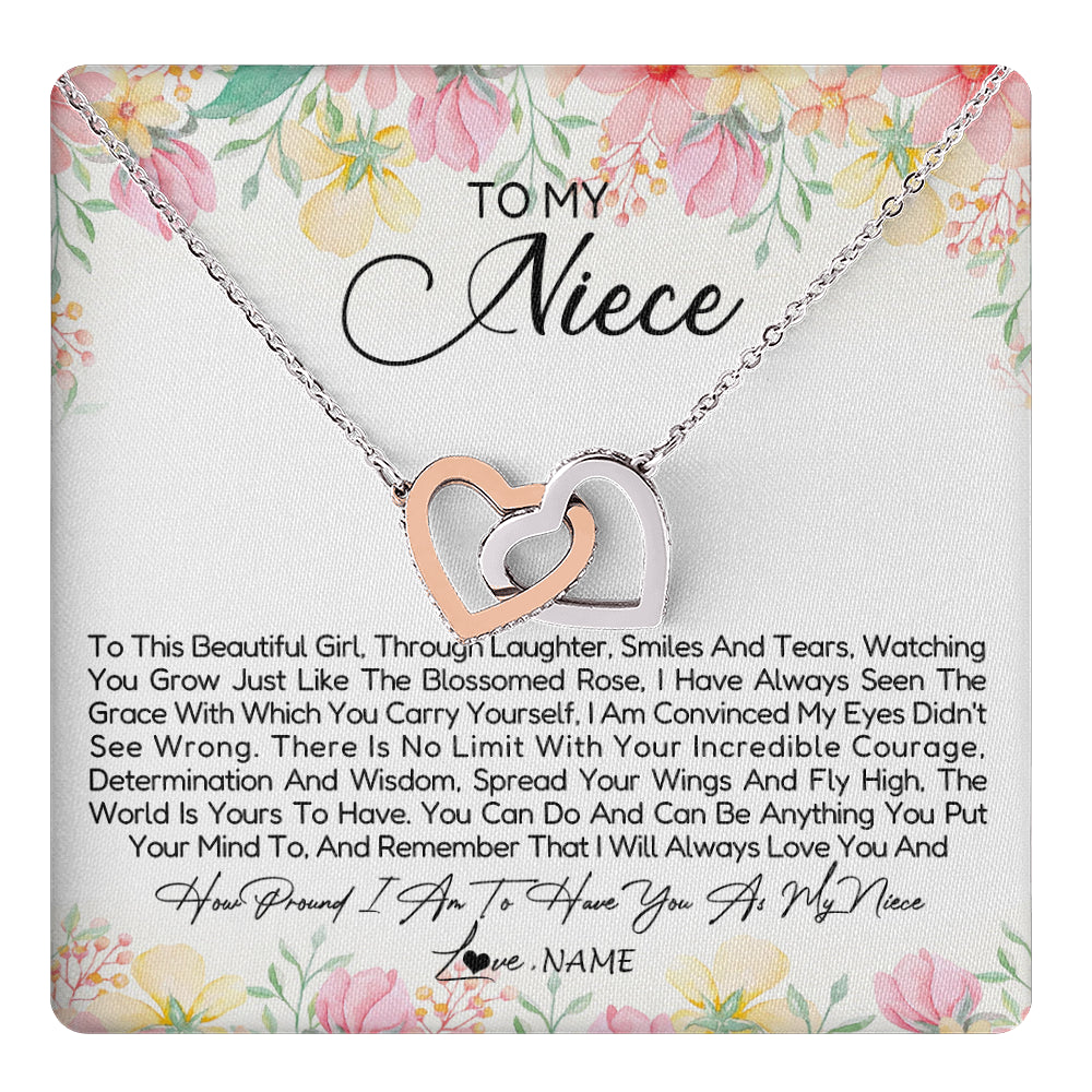 Interlocking Hearts Necklace Stainless Steel & Rose Gold Finish | 1 | Personalized To My Niece Necklace From Aunt Uncle To This Beautiful Niece Pendant Jewelry Birthday Graduation Christmas Customized Gift Box Message Card | teecentury