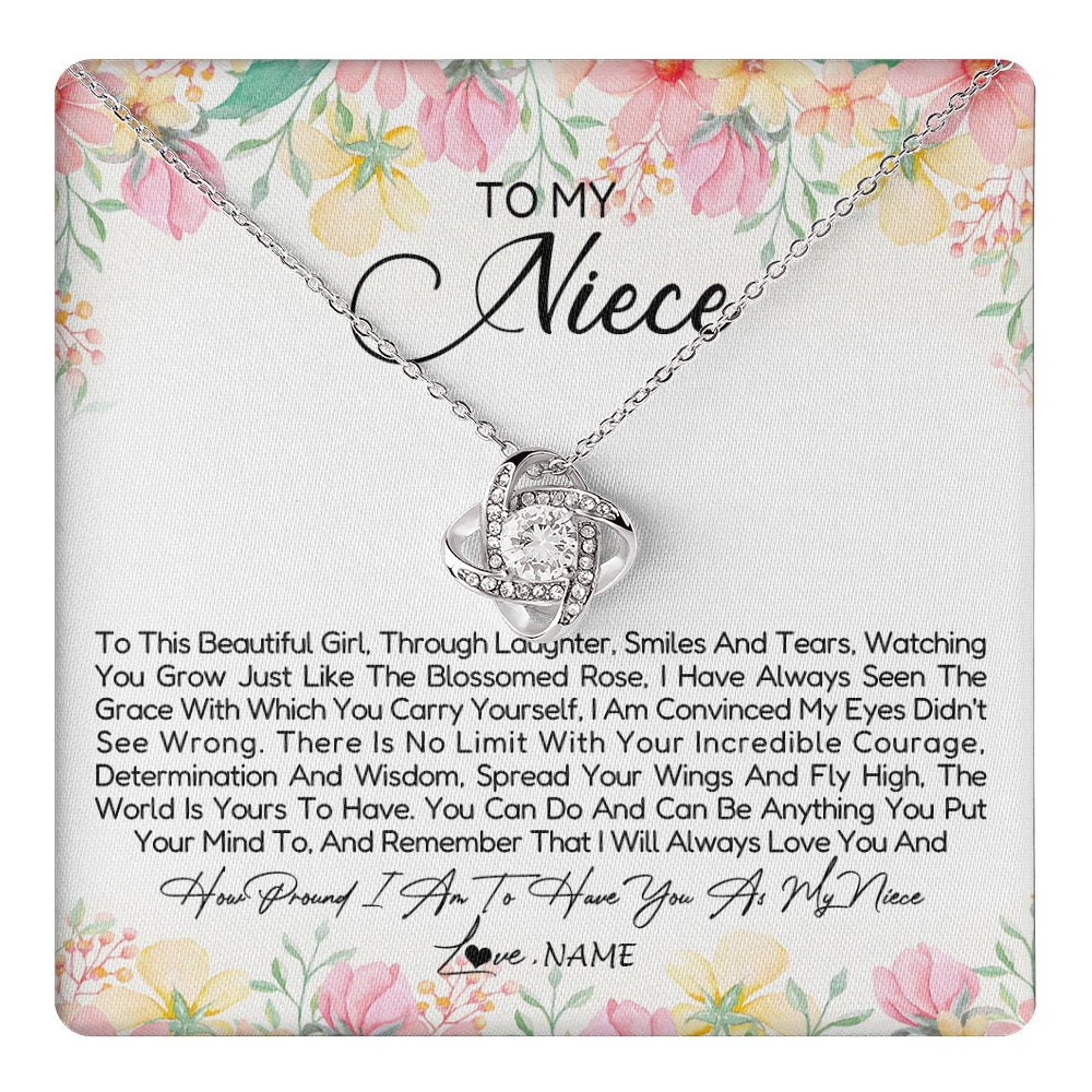 Love Knot Necklace 14K White Gold Finish | 1 | Personalized To My Niece Necklace From Aunt Uncle To This Beautiful Niece Pendant Jewelry Birthday Graduation Christmas Customized Gift Box Message Card | teecentury