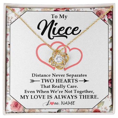 Love Knot Necklace 18K Yellow Gold Finish | 1 | Personalized To My Niece Necklace From Aunt Uncle Two Hearts Together Niece Jewelry Birthday Graduation Christmas Customized Gift Box Message Card | teecentury