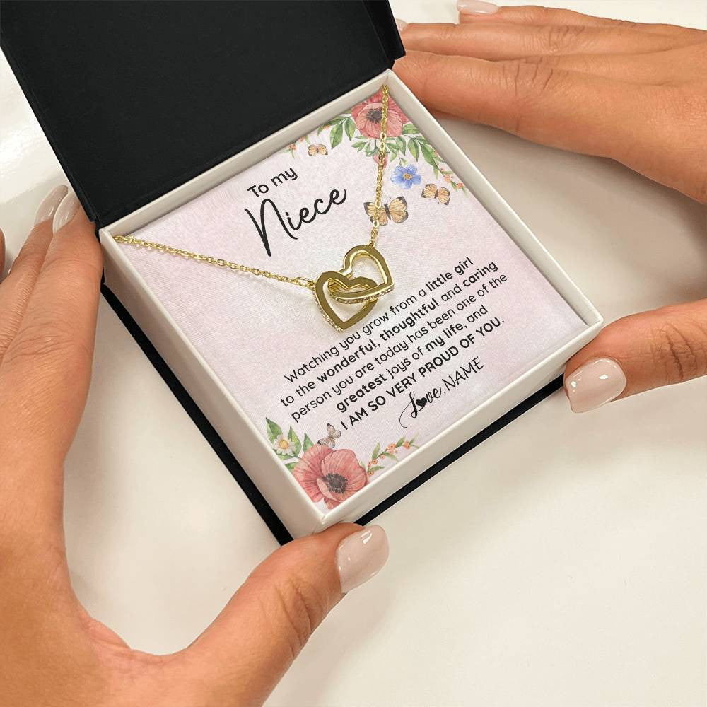 Interlocking Hearts Necklace 18K Yellow Gold Finish | 2 | Personalized To My Niece Necklace From Aunt Uncle Watching You Grow Niece Birthday Gifts Jewelry Graduation Christmas Customized Gift Box Message Card | teecentury