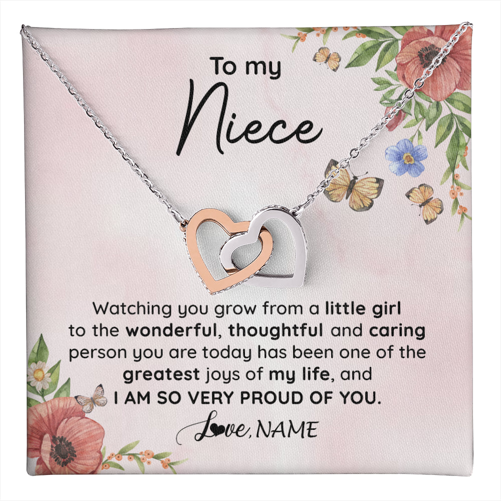 Interlocking Hearts Necklace Stainless Steel & Rose Gold Finish | 1 | Personalized To My Niece Necklace From Aunt Uncle Watching You Grow Niece Birthday Gifts Jewelry Graduation Christmas Customized Gift Box Message Card | teecentury