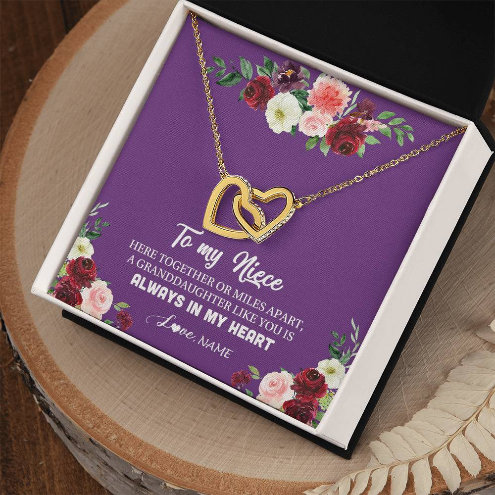 Interlocking Hearts Necklace 18K Yellow Gold Finish | Personalized To My Niece Necklace From Aunt Uncle You Is Always In My Heart Niece Jewelry Birthday Christmas Graduation Customized Gift Box Message Card | teecentury