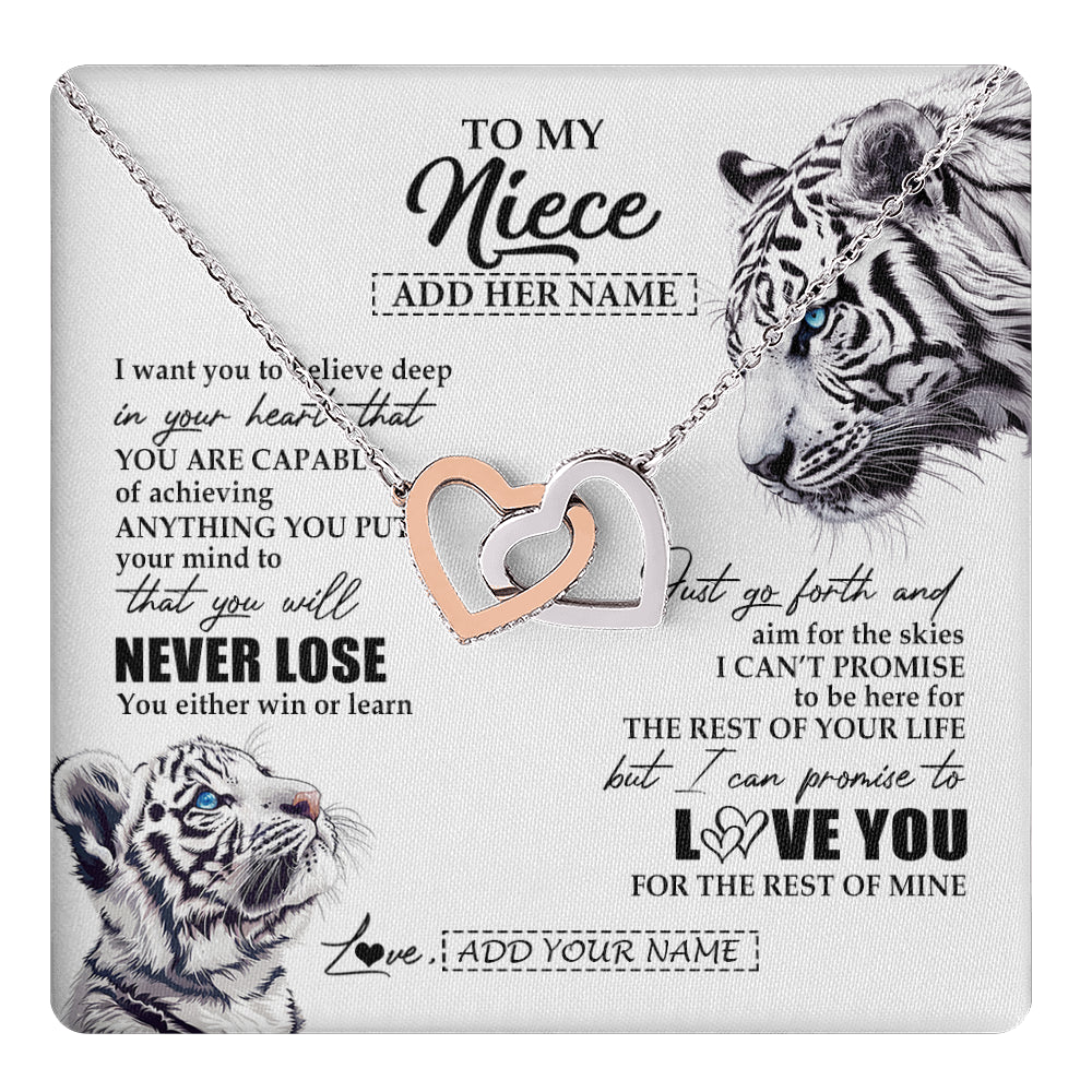 Interlocking Hearts Necklace Stainless Steel & Rose Gold Finish | 1 | Personalized To My Niece Necklace From Aunt Uncle You Will Never Lose White Tiger Niece Birthday Gifts Graduation Christmas Custom Gift Box Message Card | teecentury