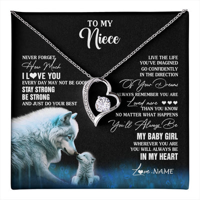 Forever Love Necklace 14K White Gold Finish | 1 | Personalized To My Niece Necklace From Aunt Wolf Never Forget How Much I Love You Niece Birthday Gifts Jewelry Christmas Customized Gift Box Message Card | teecentury