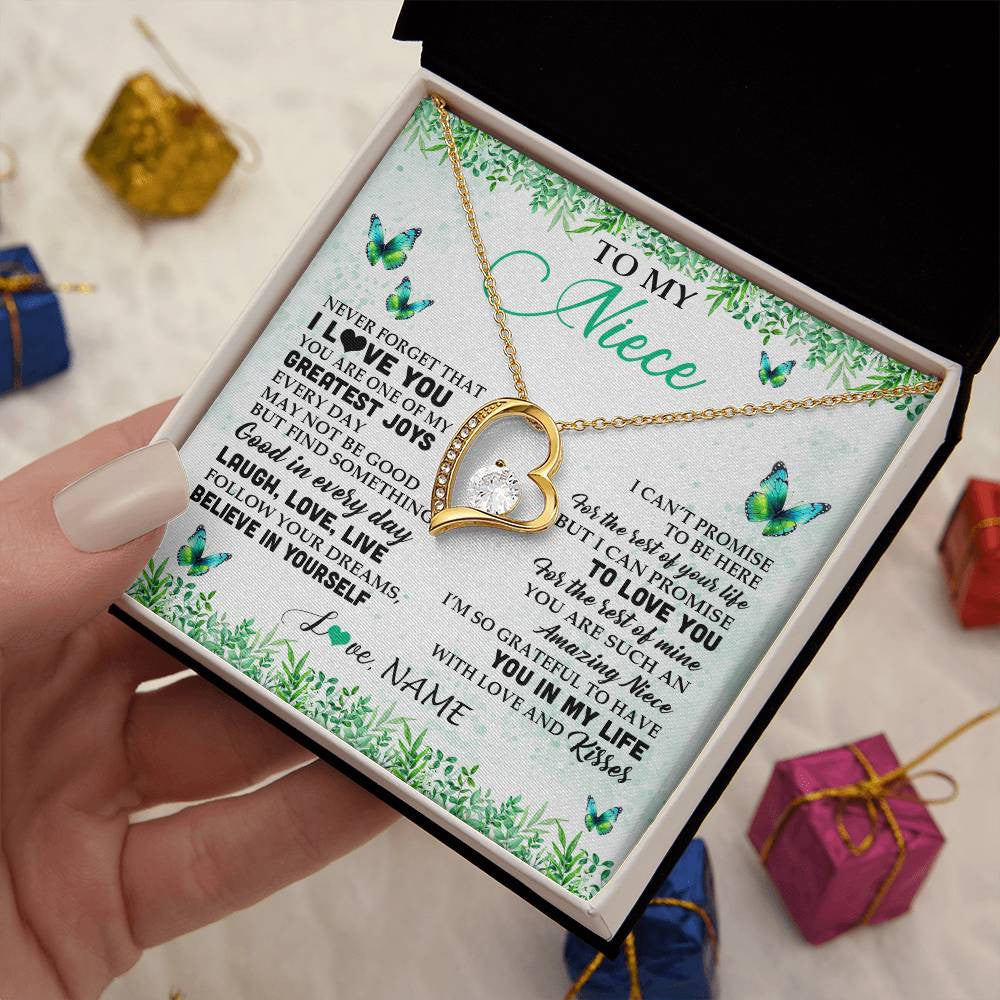 Forever Love Necklace 18K Yellow Gold Finish | 2 | Personalized To My Niece Necklace From Uncle Aunt Auntie Butterfly Laugh Love Live Birthday Motivational Quote Christmas Customized Gift Box Message Card | teecentury
