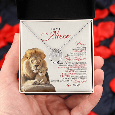Lucky In Love Necklace 14K White Gold Finish | 2 | Personalized To My Niece Necklace From Uncle Aunt Never Feel You Are Alone Lion Niece Birthday Graduation Christmas Customized Message Card | teecentury