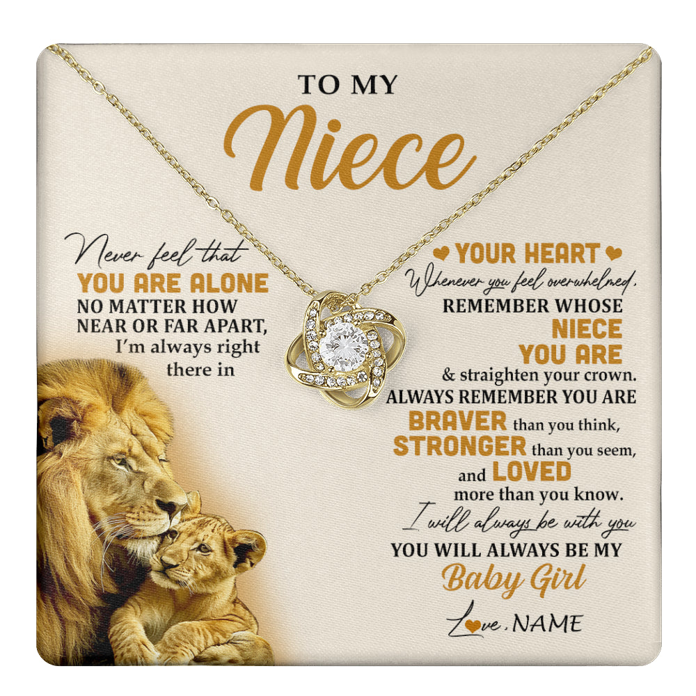 Love Knot Necklace 18K Yellow Gold Finish | 1 | Personalized To My Niece Necklace From Uncle Lion Never Feel That You Are Alone Great Niece Pendant Birthday Christmas Customized Gift Box Message Card | teecentury