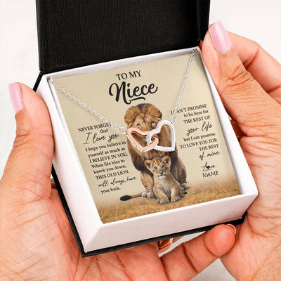 Interlocking Hearts Necklace Stainless Steel & Rose Gold Finish | 2 | Personalized To My Niece Necklace From Uncle Lion Never Forget That I Love You Niece Jewelry Birthday Graduation Christmas Customized Message Card | teecentury