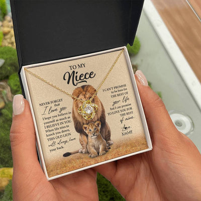 Love Knot Necklace 18K Yellow Gold Finish | 2 | Personalized To My Niece Necklace From Uncle Lion Never Forget That I Love You Niece Jewelry Birthday Graduation Christmas Customized Message Card | teecentury
