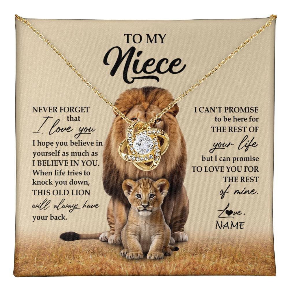 Love Knot Necklace 18K Yellow Gold Finish | 1 | Personalized To My Niece Necklace From Uncle Lion Never Forget That I Love You Niece Jewelry Birthday Graduation Christmas Customized Message Card | teecentury