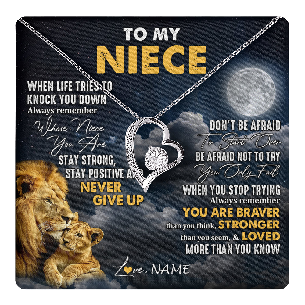 Forever Love Necklace 14K White Gold Finish | 1 | Personalized To My Niece Necklace From Uncle Lion Never Give Up Niece Birthday Graduation Christmas Jewelry Customized Gift Box Message Card | teecentury