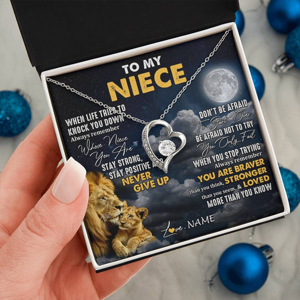 Forever Love Necklace 14K White Gold Finish | 2 | Personalized To My Niece Necklace From Uncle Lion Never Give Up Niece Birthday Graduation Christmas Jewelry Customized Gift Box Message Card | teecentury