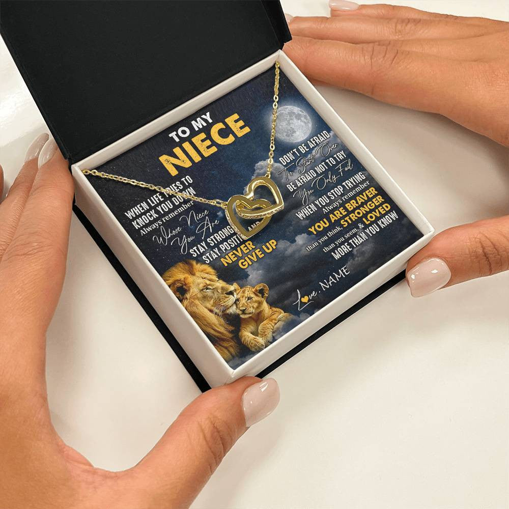 Interlocking Hearts Necklace 18K Yellow Gold Finish | 2 | Personalized To My Niece Necklace From Uncle Lion Never Give Up Niece Birthday Graduation Christmas Jewelry Customized Gift Box Message Card | teecentury