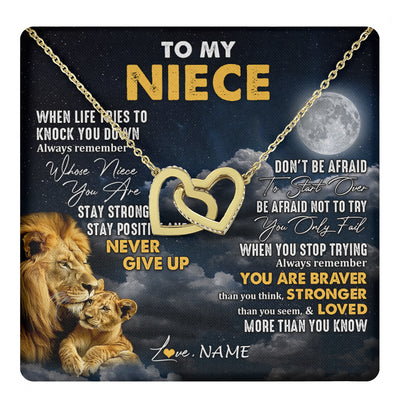 Interlocking Hearts Necklace 18K Yellow Gold Finish | 1 | Personalized To My Niece Necklace From Uncle Lion Never Give Up Niece Birthday Graduation Christmas Jewelry Customized Gift Box Message Card | teecentury