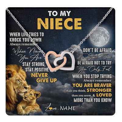 Interlocking Hearts Necklace Stainless Steel & Rose Gold Finish | 1 | Personalized To My Niece Necklace From Uncle Lion Never Give Up Niece Birthday Graduation Christmas Jewelry Customized Gift Box Message Card | teecentury