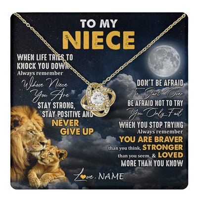 Love Knot Necklace 18K Yellow Gold Finish | 1 | Personalized To My Niece Necklace From Uncle Lion Never Give Up Niece Birthday Graduation Christmas Jewelry Customized Gift Box Message Card | teecentury