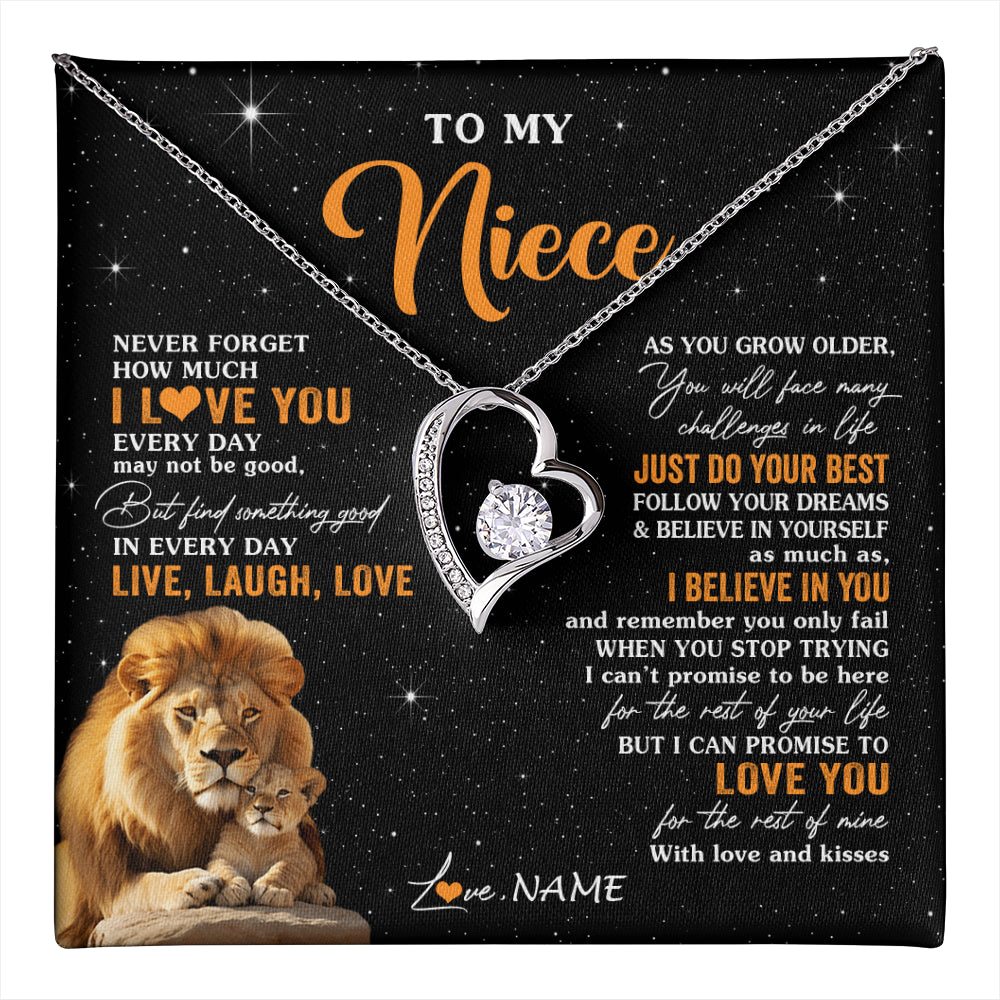 Forever Love Necklace 14K White Gold Finish | 1 | Personalized To My Niece Necklace From Uncle Live Laugh Love Lion Niece Birthday Gifts Positive Graduation Christmas Customized Gift Box Message Card | teecentury