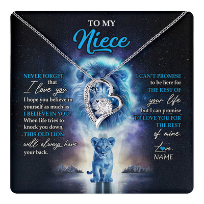 Forever Love Necklace 14K White Gold Finish | 1 | Personalized To My Niece Necklace From Uncle Never Forget I Love You Lion Niece Jewelry Birthday Graduation Christmas Customized Message Card | teecentury