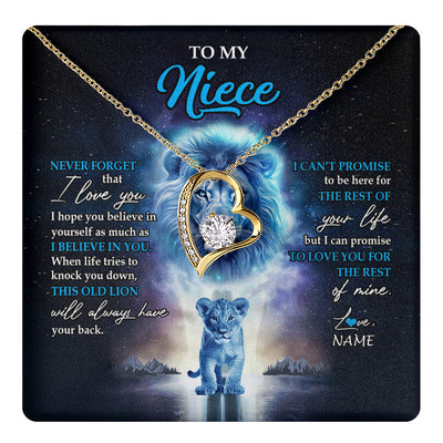 Forever Love Necklace 18K Yellow Gold Finish | 1 | Personalized To My Niece Necklace From Uncle Never Forget I Love You Lion Niece Jewelry Birthday Graduation Christmas Customized Message Card | teecentury