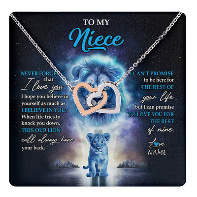 Interlocking Hearts Necklace Stainless Steel & Rose Gold Finish | 1 | Personalized To My Niece Necklace From Uncle Never Forget I Love You Lion Niece Jewelry Birthday Graduation Christmas Customized Message Card | teecentury