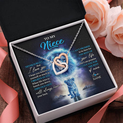 Interlocking Hearts Necklace Stainless Steel & Rose Gold Finish | 2 | Personalized To My Niece Necklace From Uncle Never Forget I Love You Lion Niece Jewelry Birthday Graduation Christmas Customized Message Card | teecentury