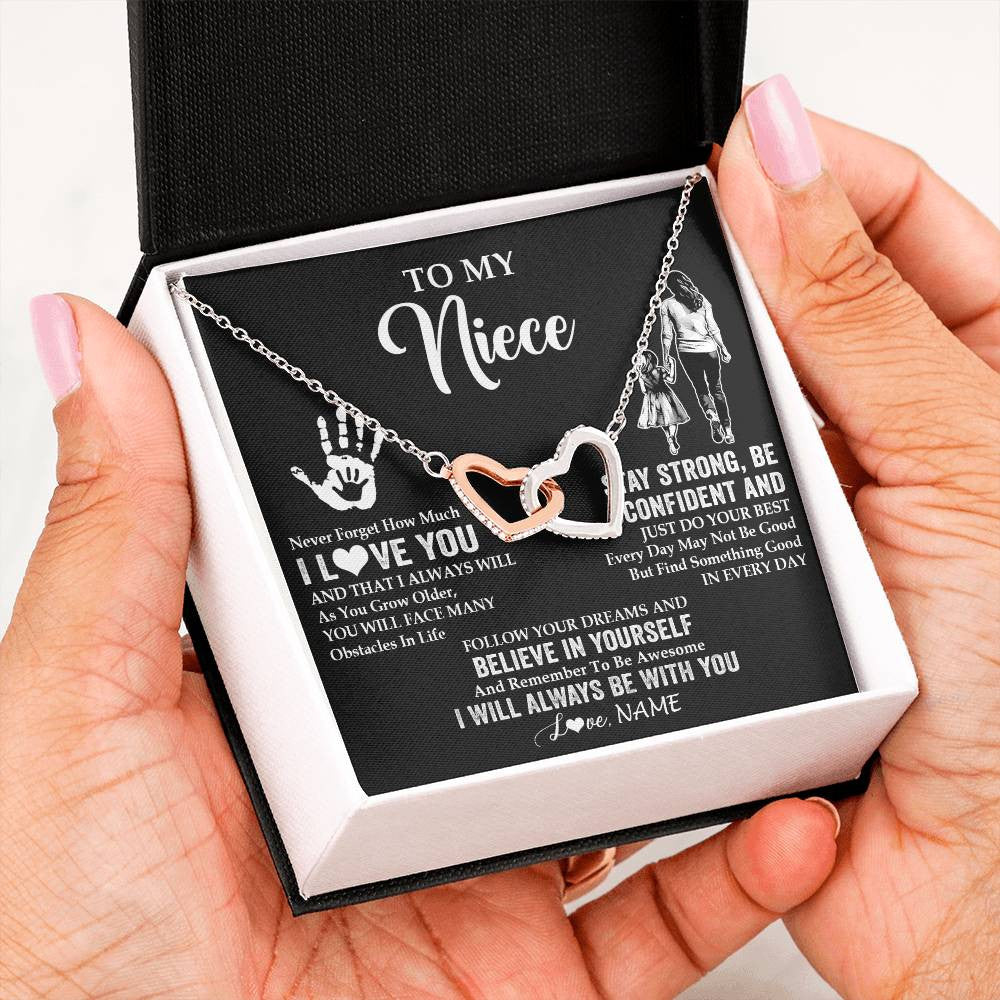 Interlocking Hearts Necklace Stainless Steel & Rose Gold Finish | 2 | Personalized To My Niece Necklace I Love You Forever From Aunt Auntie Niece Birthday Gifts Christmas Thanksgiving Graduation Customized Gift Box Message Card | teecentury