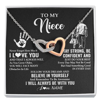 Interlocking Hearts Necklace Stainless Steel & Rose Gold Finish | 1 | Personalized To My Niece Necklace I Love You Forever From Uncle Niece Birthday Gifts Christmas Thanksgiving Graduation Customized Gift Box Message Card | teecentury