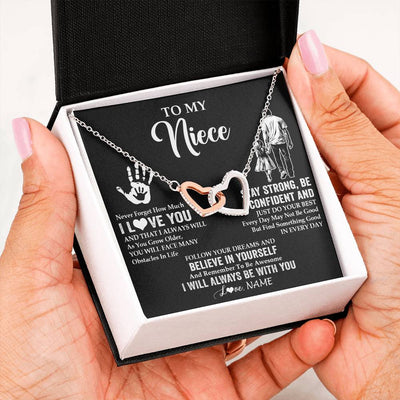 Interlocking Hearts Necklace Stainless Steel & Rose Gold Finish | 2 | Personalized To My Niece Necklace I Love You Forever From Uncle Niece Birthday Gifts Christmas Thanksgiving Graduation Customized Gift Box Message Card | teecentury