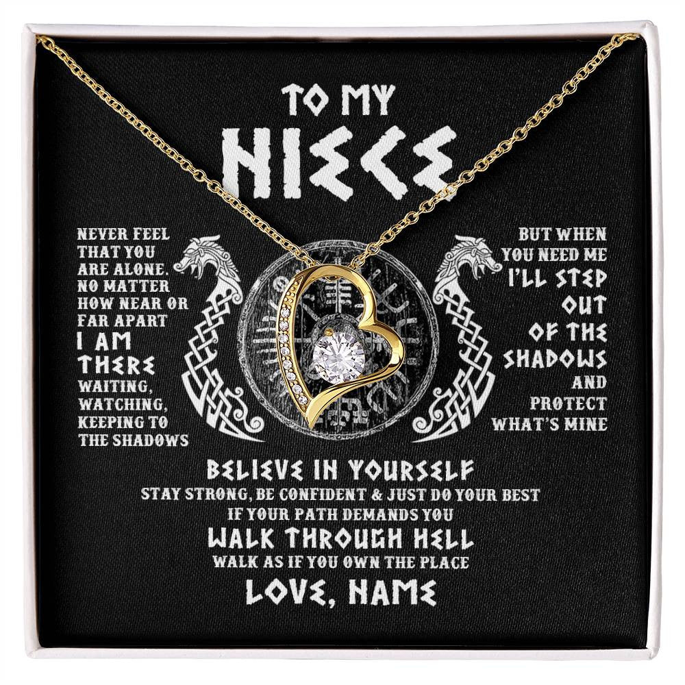 Forever Love Necklace 18K Yellow Gold Finish | 1 | Personalized To My Niece Necklace Viking Never Feel You Are Alone Odin Scandinavian Norse Runes Niece Birthday Christmas Pendant Customized Gift Message Card | teecentury