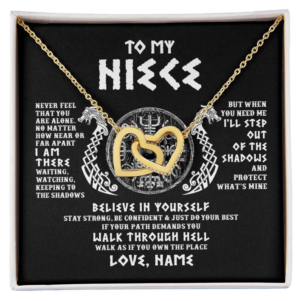 Interlocking Hearts Necklace 18K Yellow Gold Finish | 1 | Personalized To My Niece Necklace Viking Never Feel You Are Alone Odin Scandinavian Norse Runes Niece Birthday Christmas Pendant Customized Gift Message Card | teecentury